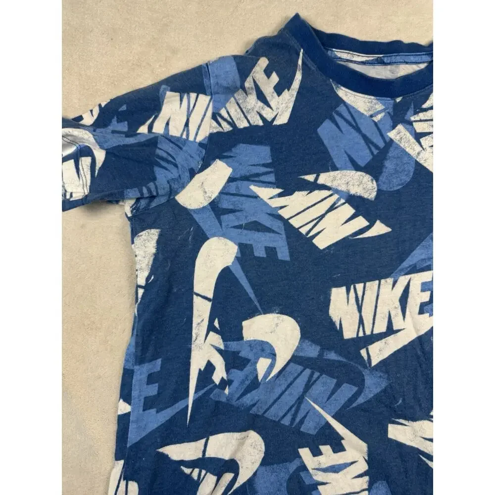 Nike Boys XL Blue All Over Logo Graphic T Shirt Swoosh Sportswear